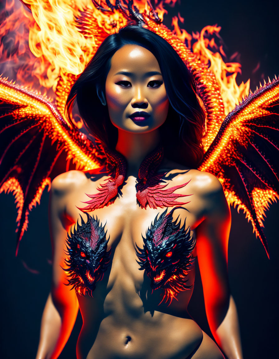 Fantasy Portrait of Woman with Dragon Wings and Flames