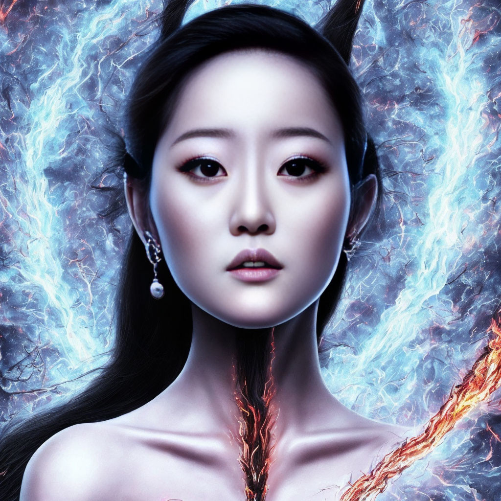 Digital artwork: Pale-skinned woman with dark hair, red eyes, blue flames, and earrings