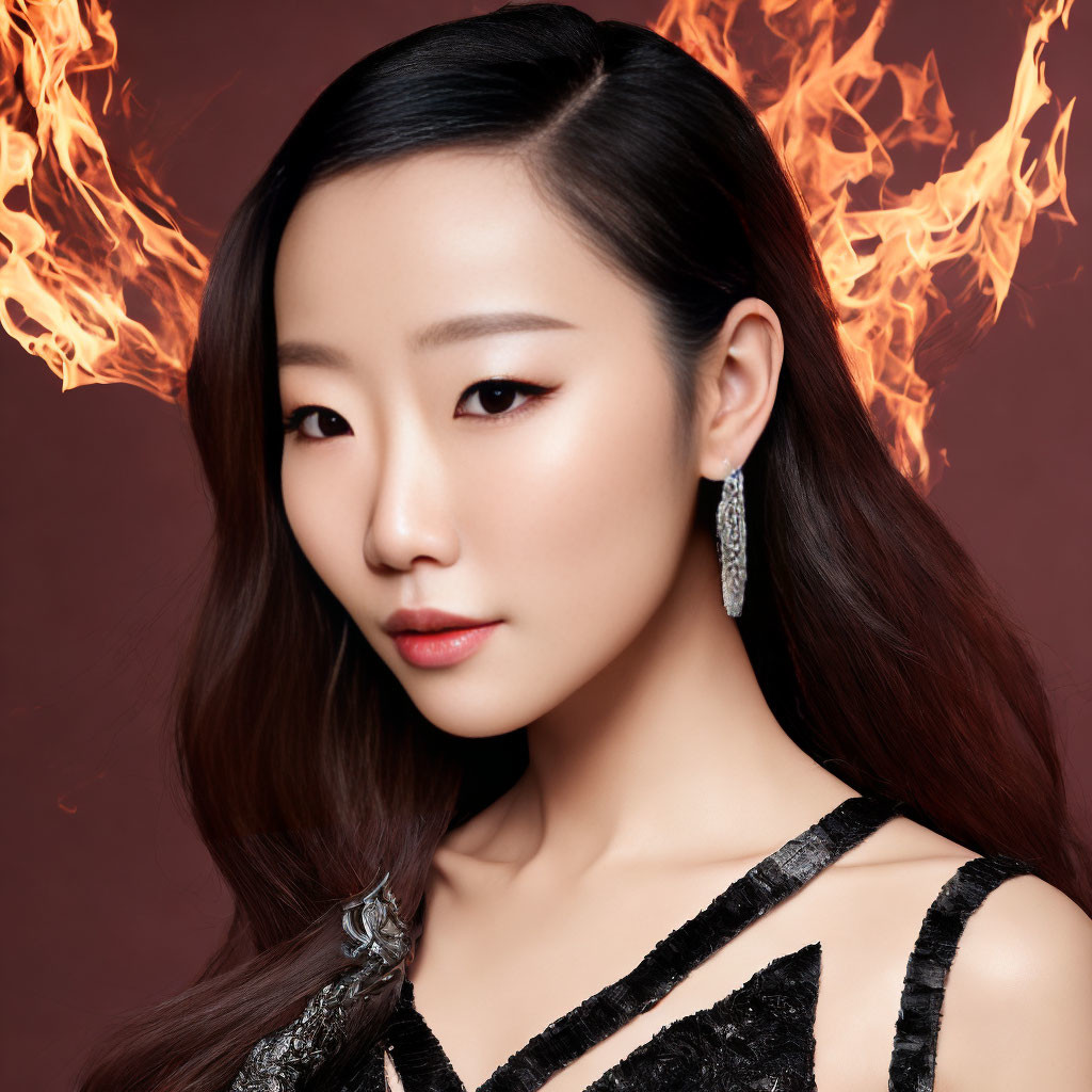 Woman with sleek hair and makeup against fiery background in black dress and sparkling earring