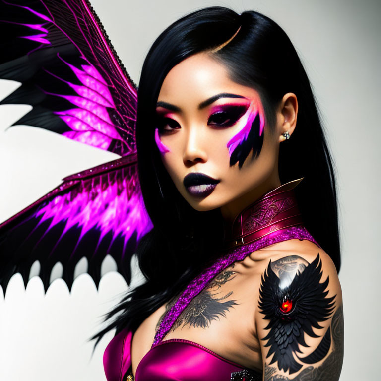 Woman with striking makeup and tattoos posing with purple-winged graphics.