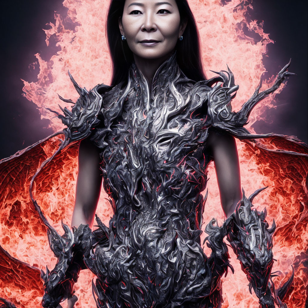 Woman in Dark Fantasy Armor with Flaming Wings on Fiery Background