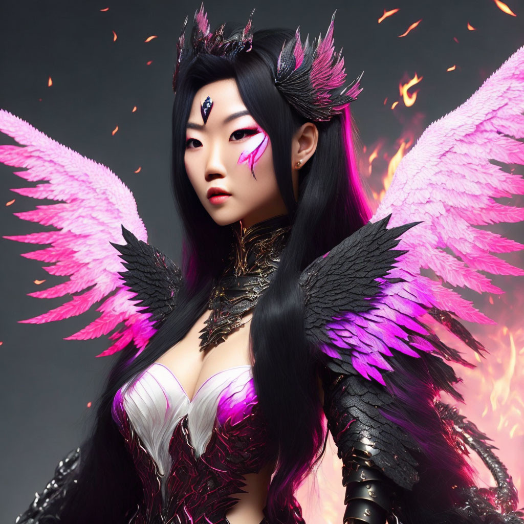 Woman with pink & black feathered wings in dark attire & fantasy makeup against fiery backdrop exudes mystical