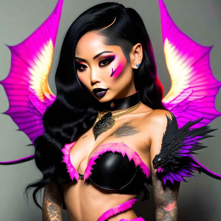 Portrait of a woman with pink and black butterfly wings and dark outfit