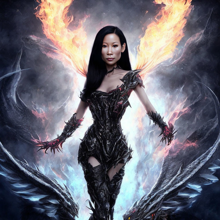 Mystical woman in fiery wings and dark armor among swirling smoke