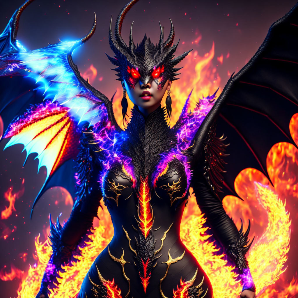 Fantastical female creature with dragon-like wings and fiery motifs.