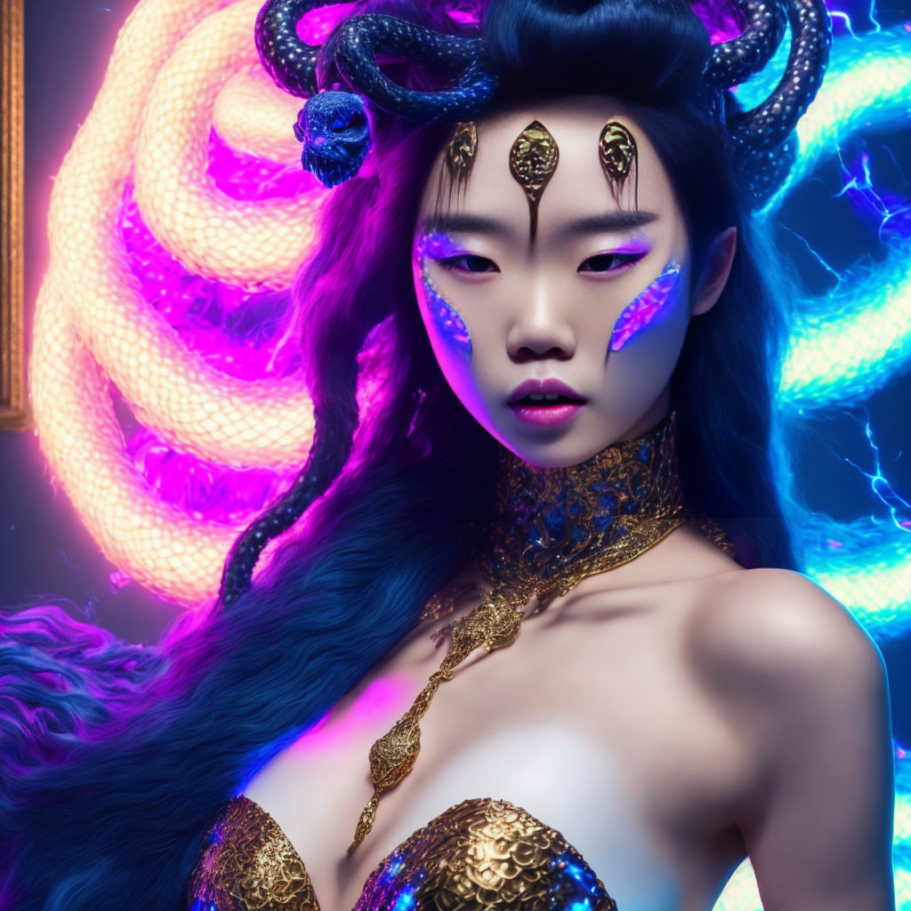 Fantastical portrait of woman with blue skin and gold accents against neon backdrop