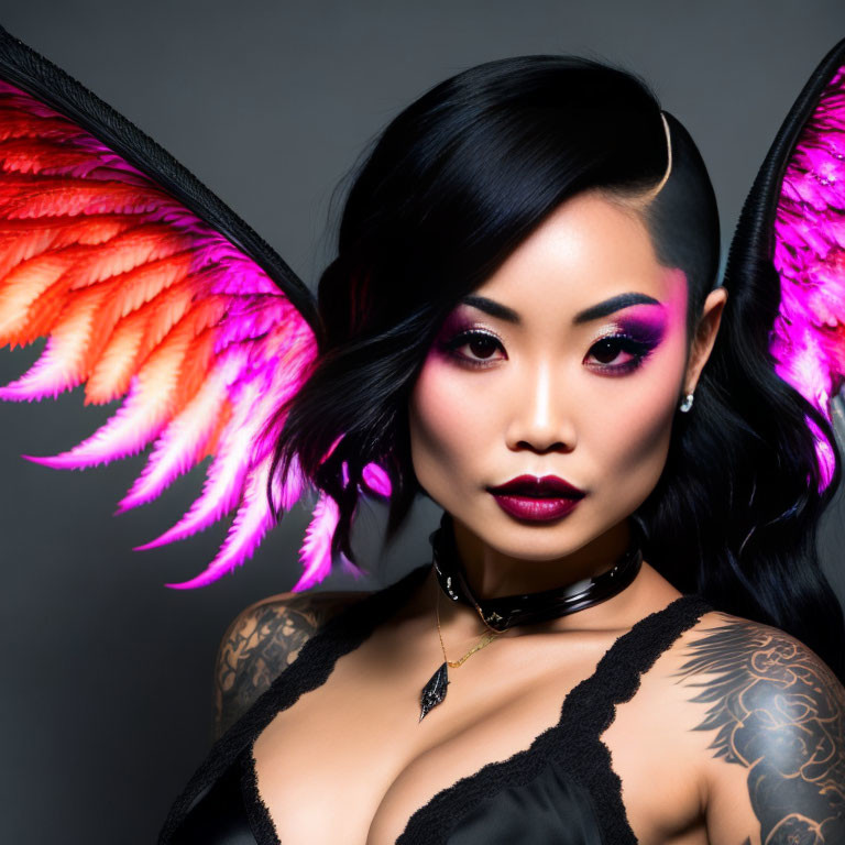 Woman with bold makeup, pink and orange wings, black outfit, choker, and arm tattoos.