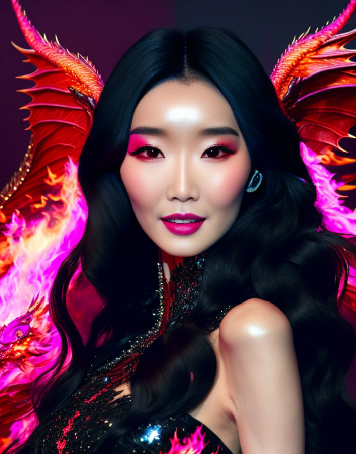 Woman with dramatic makeup and dark hair posing with fiery-winged dragon on purple background