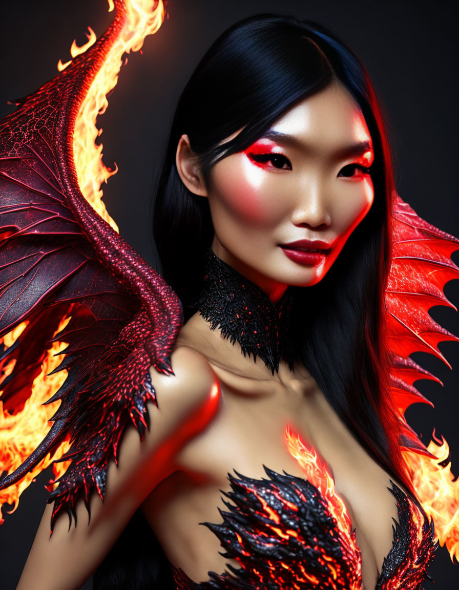 Fiery Figure with Dragon Wings and Bold Makeup