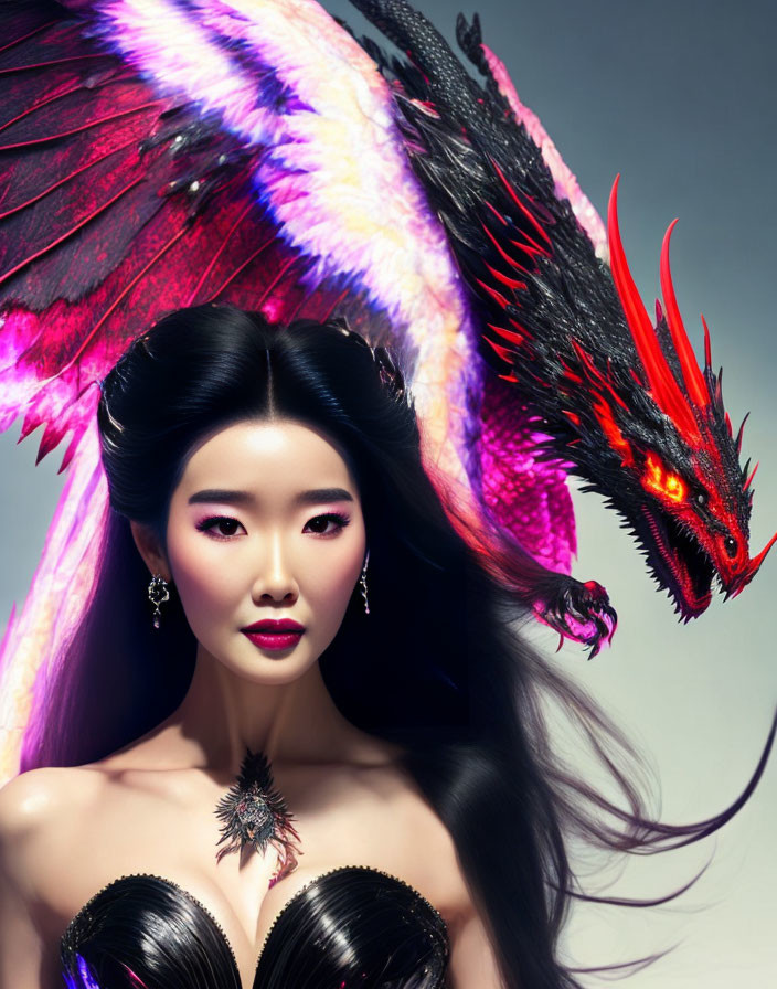 Black-haired woman with bold makeup faces vibrant dragon with fiery eyes