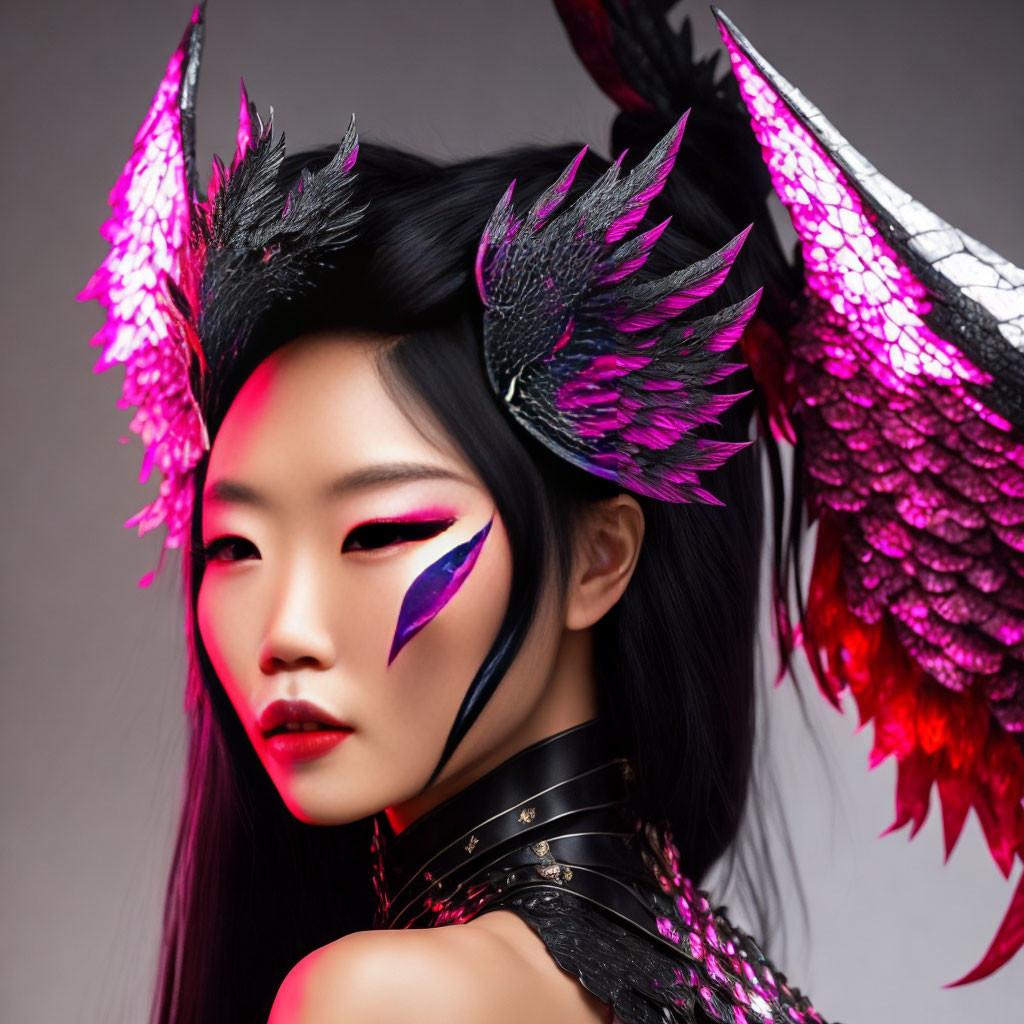 Person with dramatic makeup and black & pink feathered wings for a fantasy-inspired look