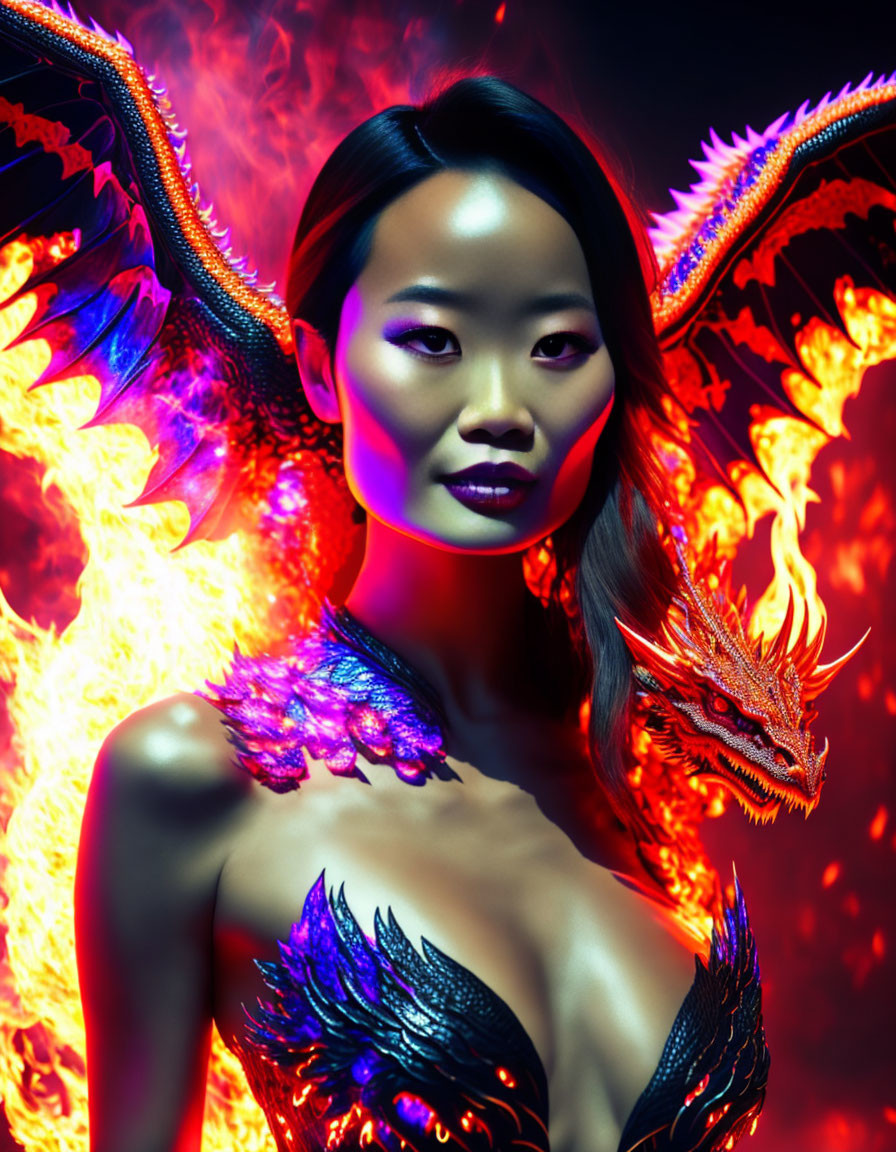 Fantasy Woman with Dragon Wings in Fiery Scene