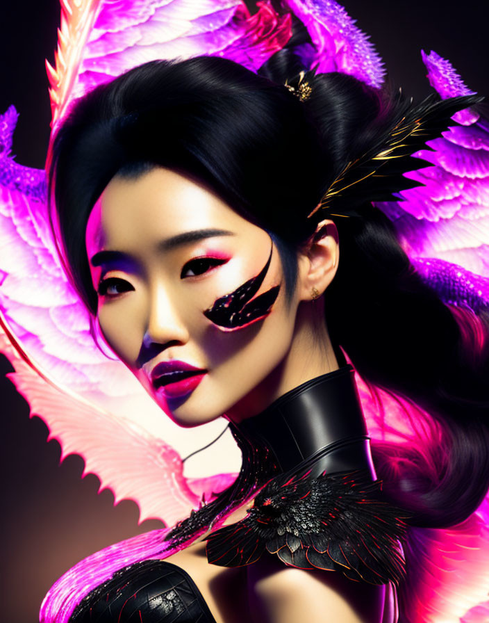 Stylized portrait of woman with dark hair and pink feathered wings