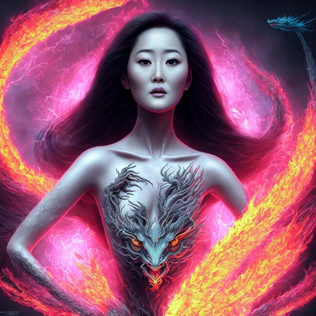 Mystical dragon-like creature with woman in flames and magenta background