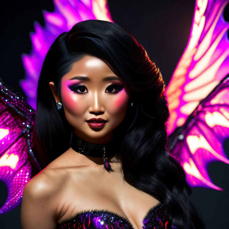 Dark-haired person in bright makeup with pink accents, butterfly wings, sparkly outfit on dark background