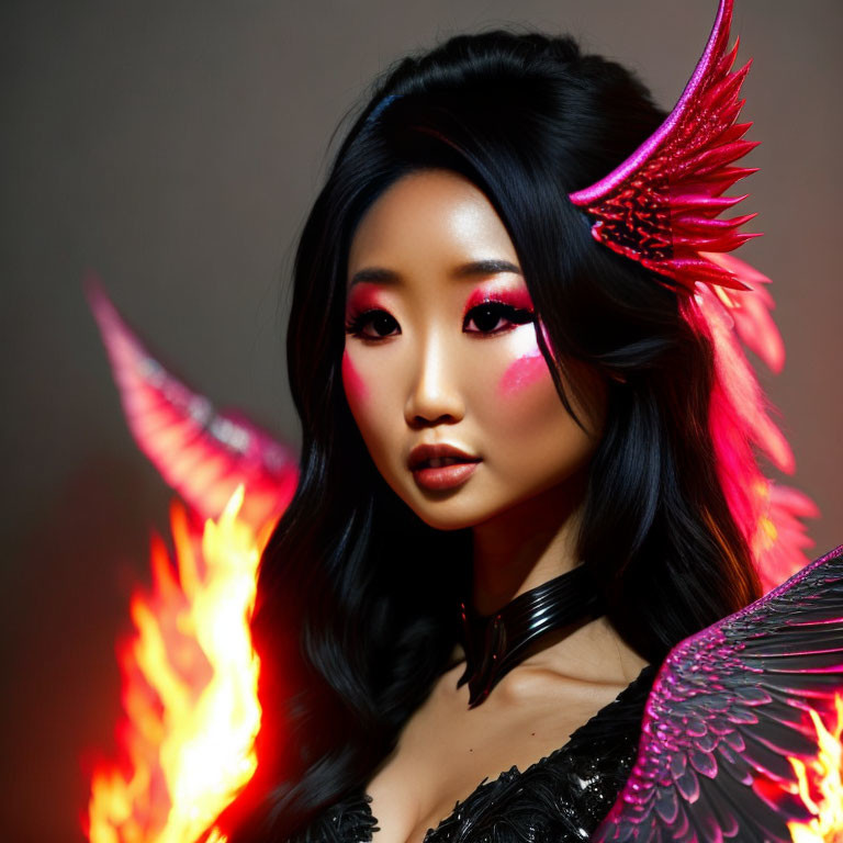 Dark-haired woman with pink winged makeup and fiery winged shoulders on dark background