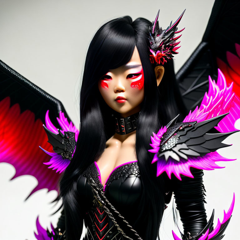 Stylized female character with long black hair, red eyes, pink and black wings, armor,