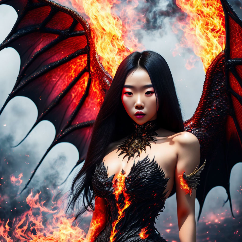 Dark-Haired Woman Embraces Fiery Dragon Theme in Smoky Setting