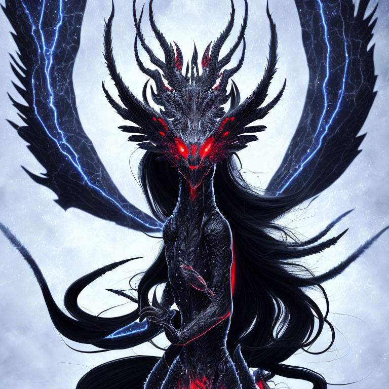 Sinister figure in dark armor with glowing red eyes and horned helm on moody blue-lit