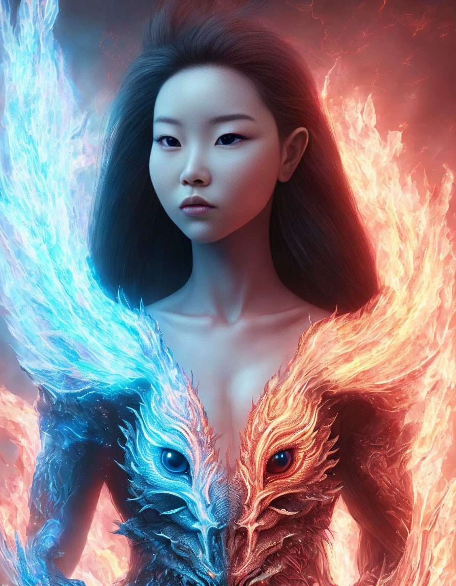 Intense Gaze Woman Merged with Blue and Orange Phoenix Birds