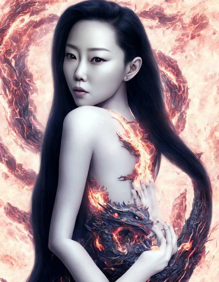 Digital Artwork: Woman with Pale Skin and Fiery Dragon Designs