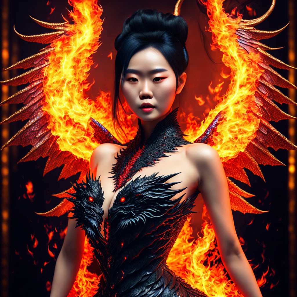 Woman with elegant updo and fiery feathered costume emitting mystical aura.