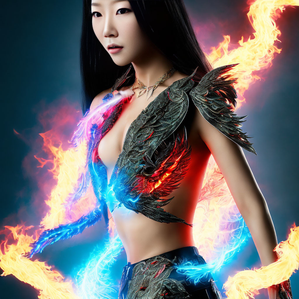 Woman in fantasy costume engulfed by blue and red flames