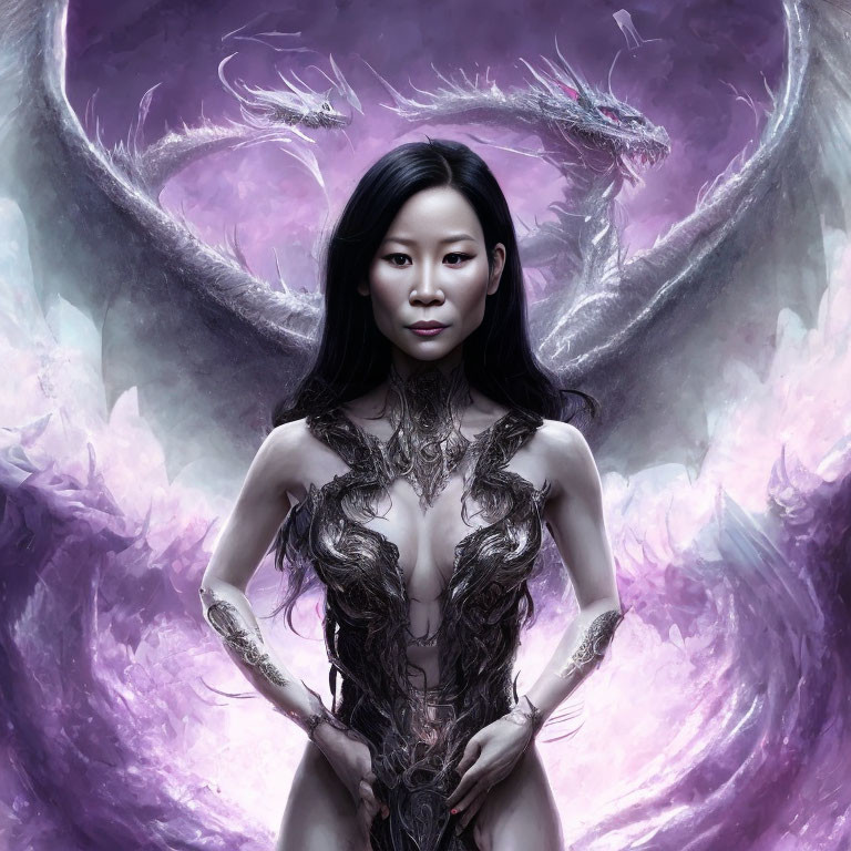 Woman in vine-like armor with dragon creatures on purple backdrop