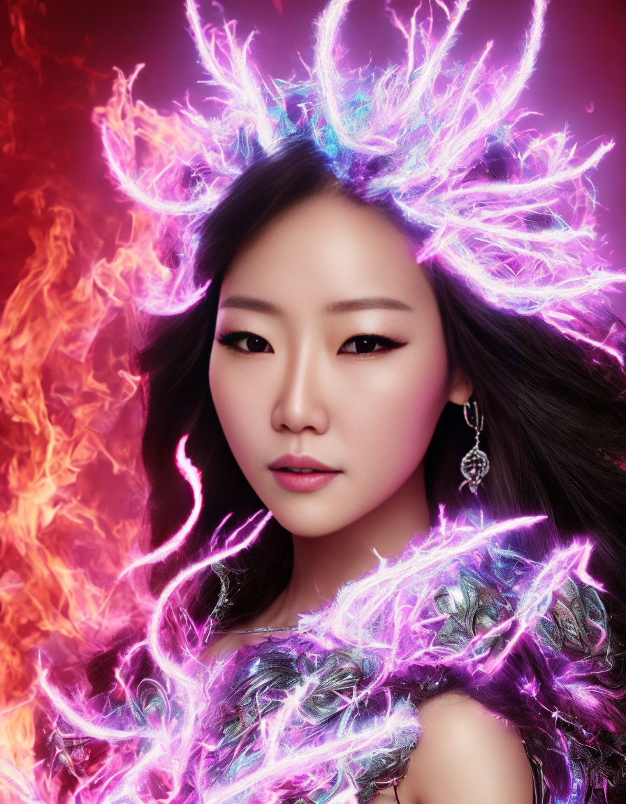 Fiery purple aura woman with dramatic makeup and ornate earring on warm backdrop