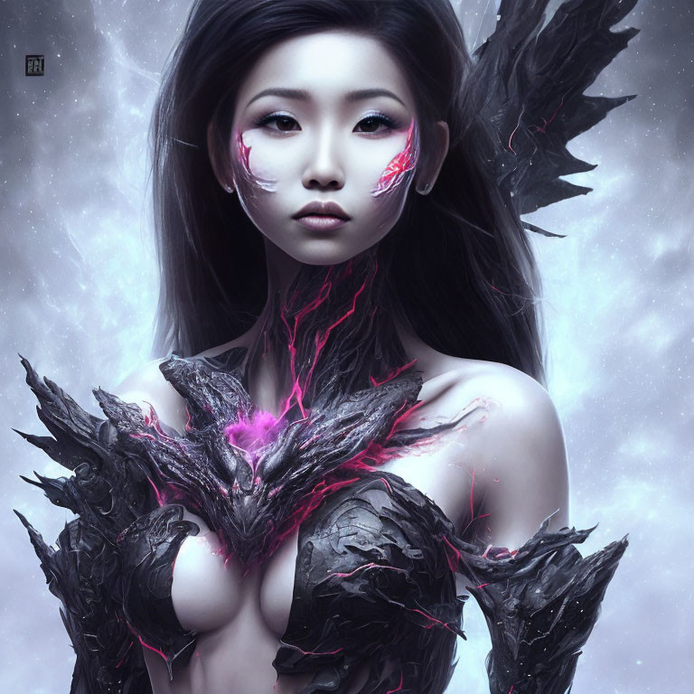 Fantastical image of woman in dark armor-like fragments with glowing pink energy traces on ethereal background