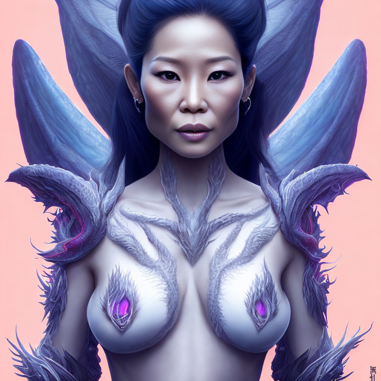 Fantasy digital art: Person with blue skin and intricate wing-like structures.