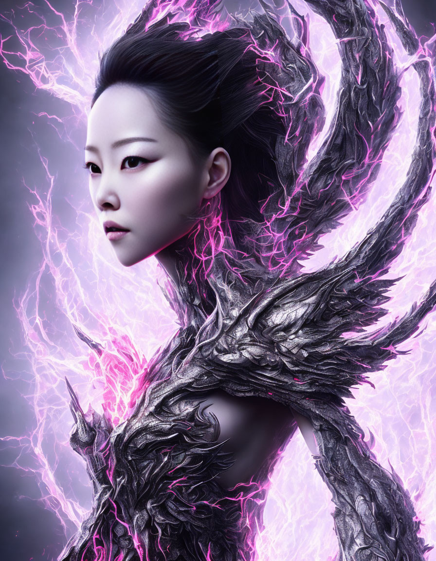 Dark-haired woman enveloped in purple energy with intricate branch-like structures