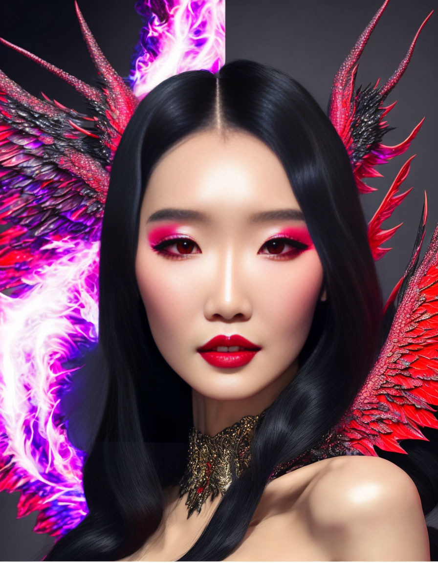 Vibrant pink makeup and red feathered accessories on woman against black background