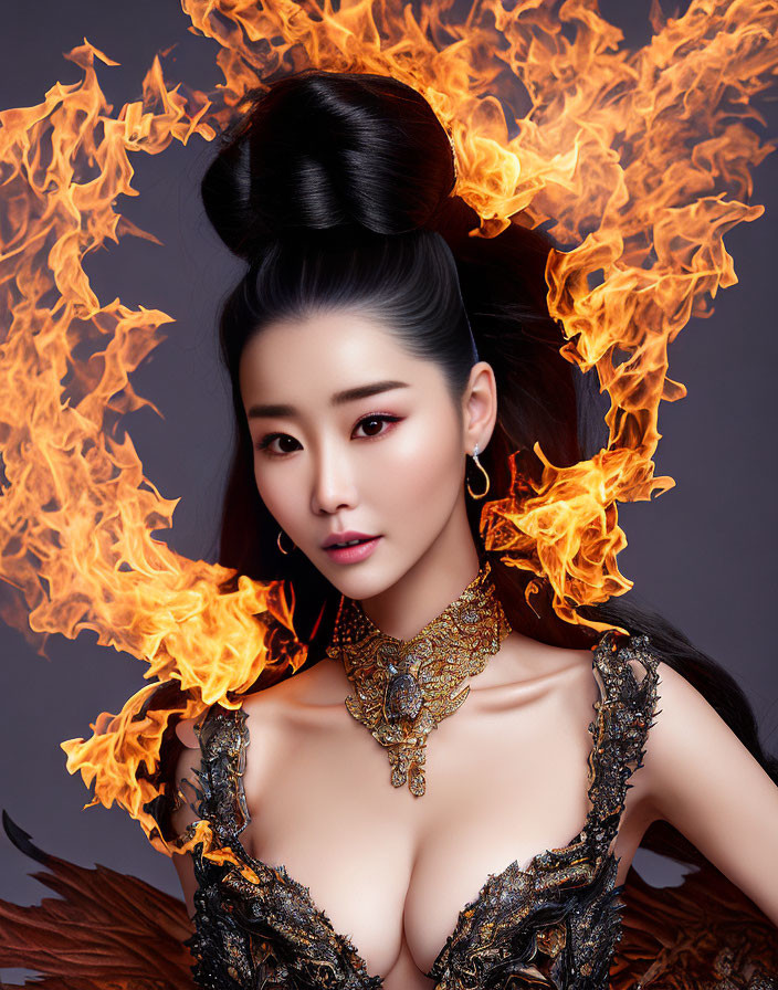 Woman with elaborate hairstyle engulfed in vivid flames on dark background.