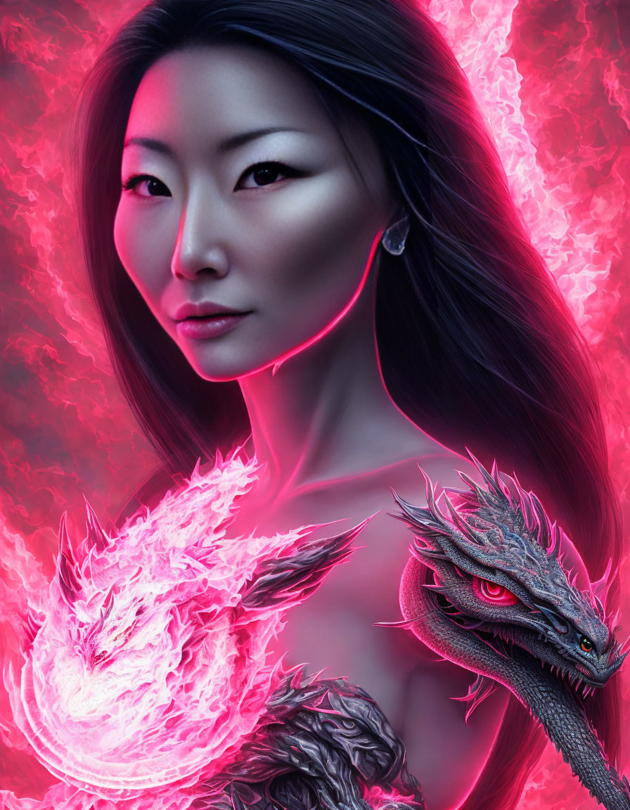 Mystical dragon with woman in pink aura