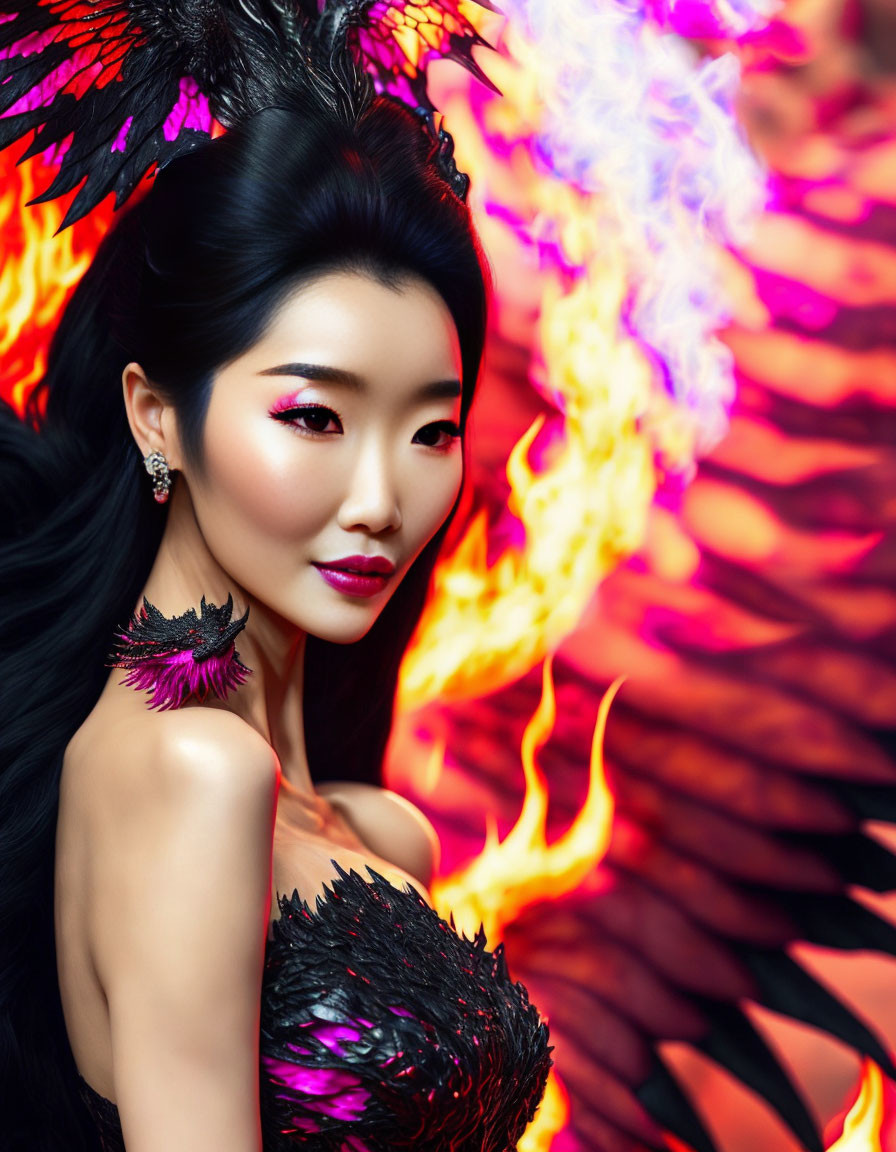 Woman with fiery wings and makeup in front of red and orange flames