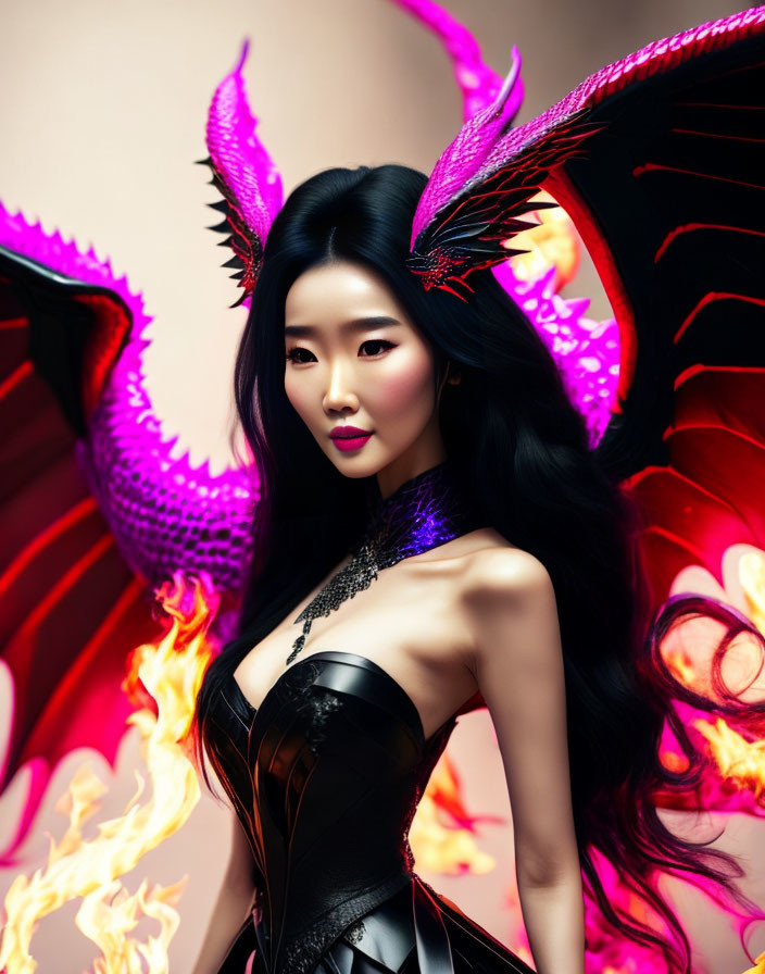 Long black-haired woman in black outfit with fiery and purple dragon wings on soft-focus background