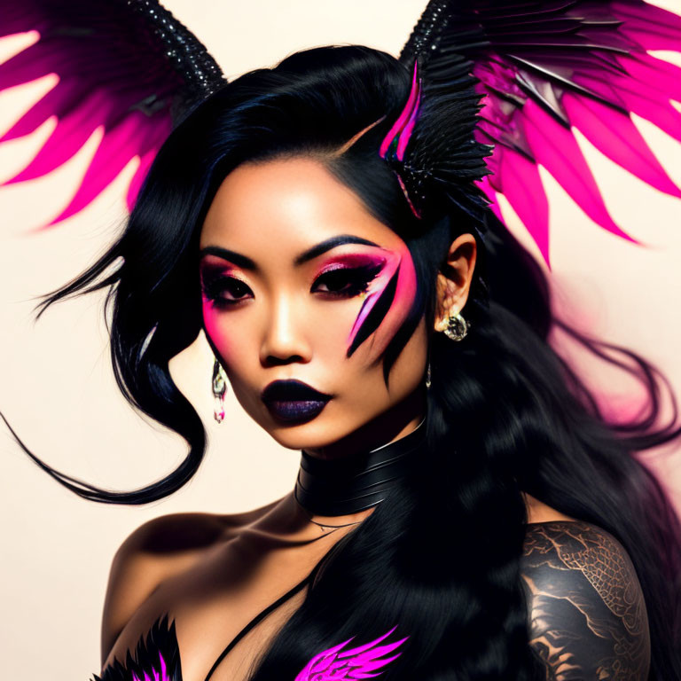 Person with black and pink makeup, feathered accessories, tattoos on light pink background