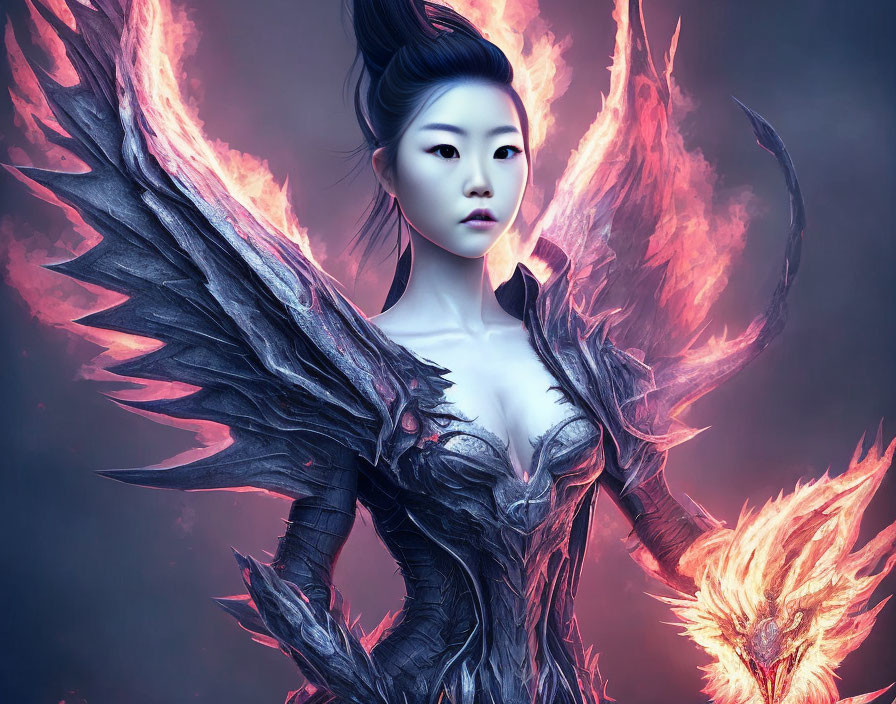 Fantasy digital art: Female figure in dark armor with fiery wings beside flame-engulfed bird on