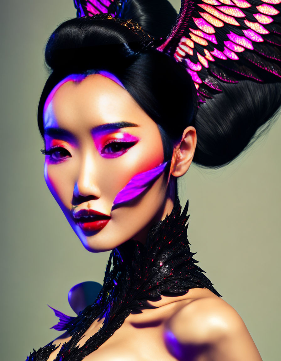 Striking Pink Makeup & Futuristic Outfit with Feather Accessories