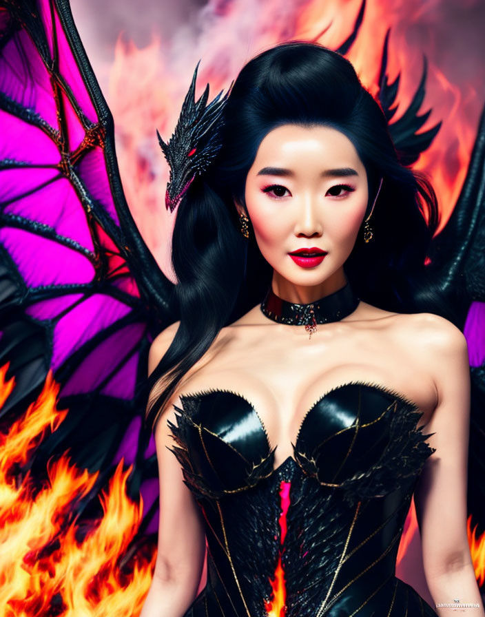 Fantasy-themed portrait of a woman with fiery wings and dragon-inspired attire