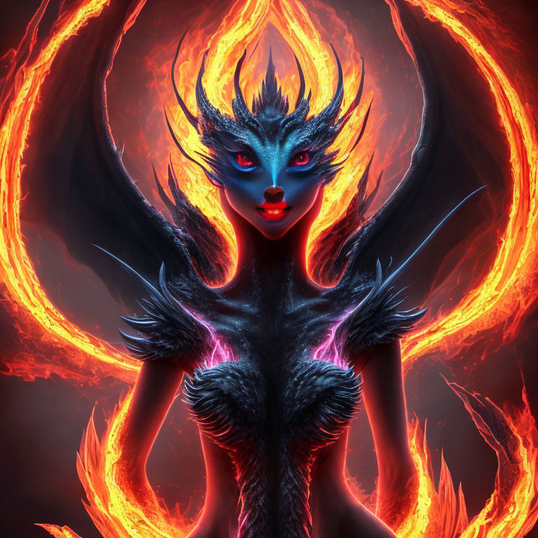 Blue-skinned female figure with fiery aura and red eyes