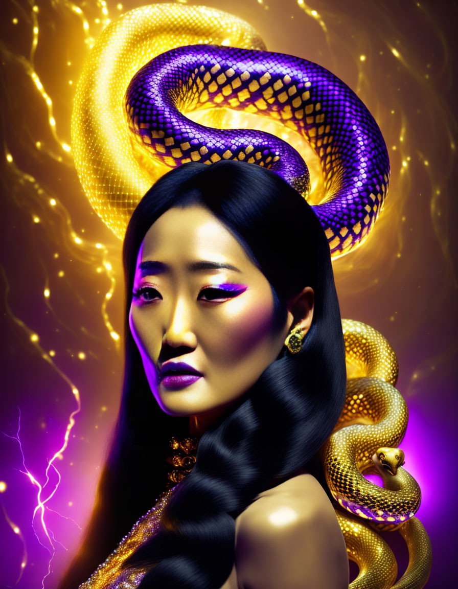 Digital artwork: Woman with black hair, gold and purple makeup, stylized snake, lightning on vibrant