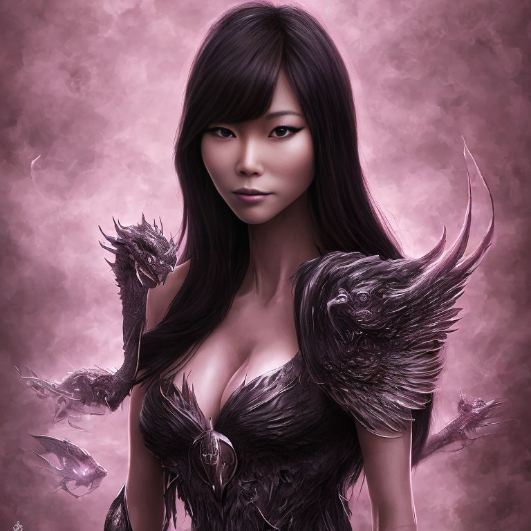 Digital Artwork: Woman with Dark Wings and Dragon in Ethereal Setting