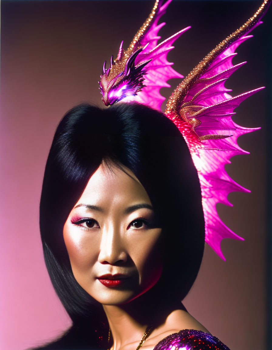 Woman with Black Hair and Pink Butterfly Wing Headpiece