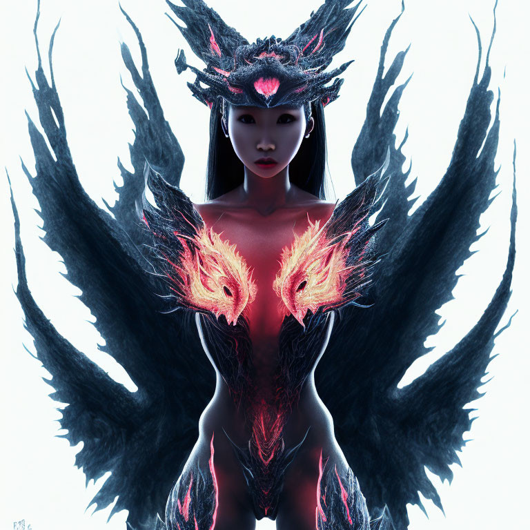 Fantasy digital artwork: Female character with dark angel wings & fiery headpiece