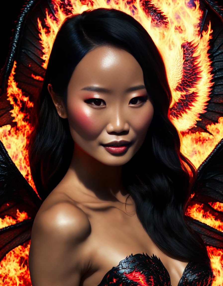 Portrait of a woman with black hair and fiery wings