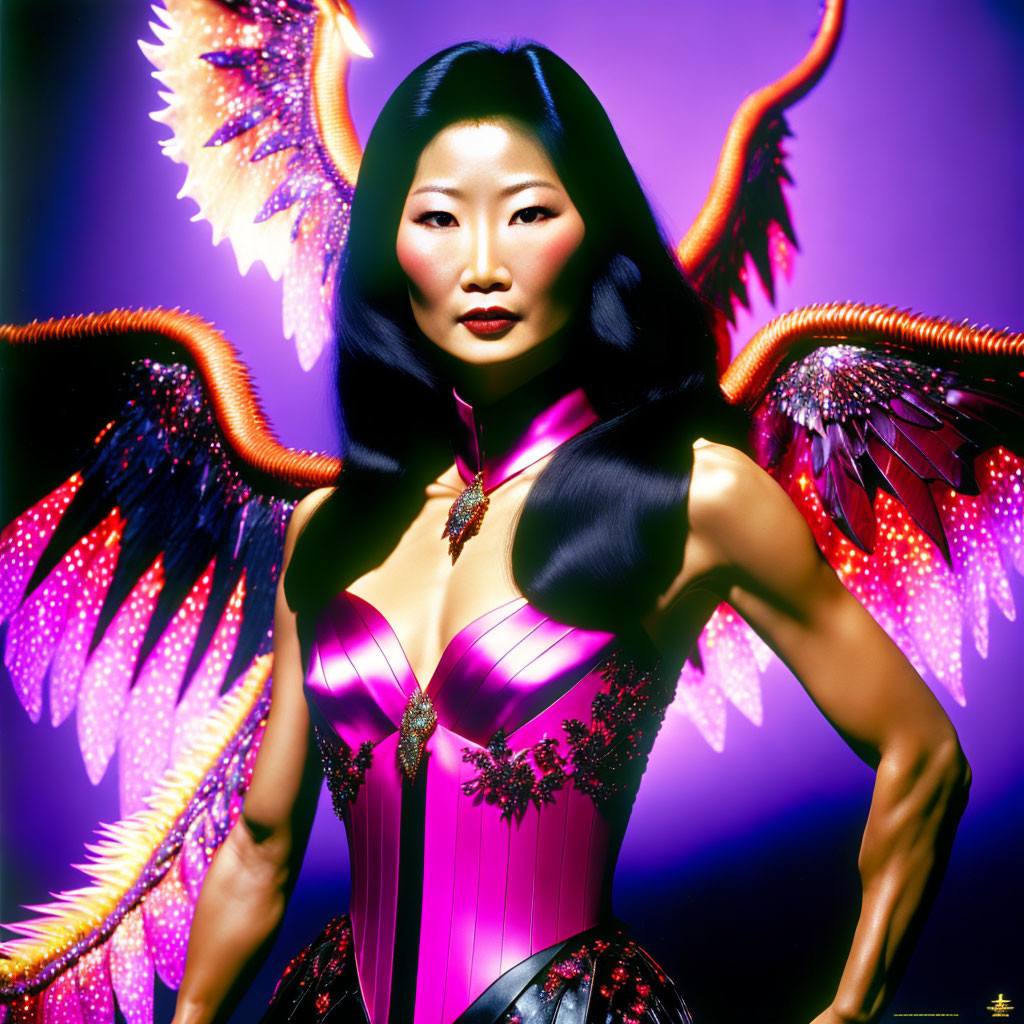 Vibrant purple and pink costume with glowing wings on fantasy sci-fi character