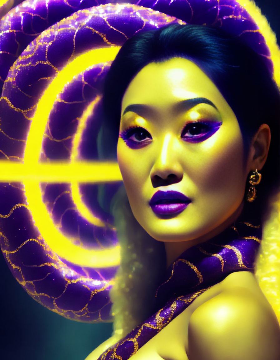 Woman with Purple Makeup and Neon Spiral Background