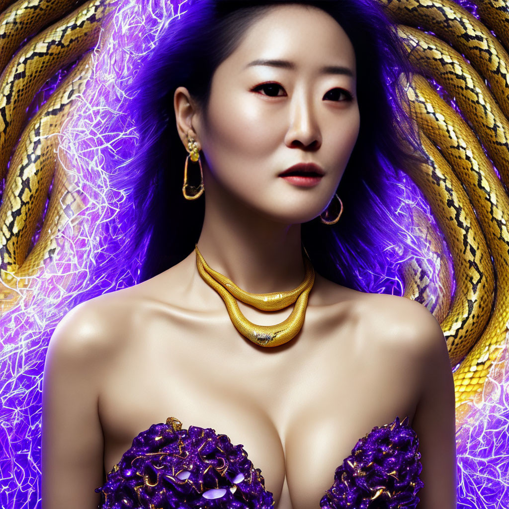 Dark-haired woman in purple outfit with gold jewelry on vibrant blue abstract background